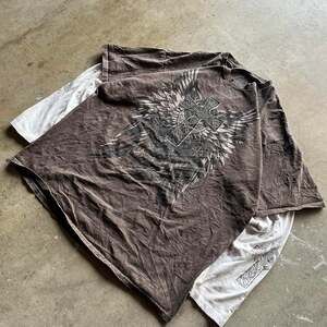 Vintage Y2K Redemption Gothic Cross Longsleeve Shirt, Brown Mineral Wash, Size M